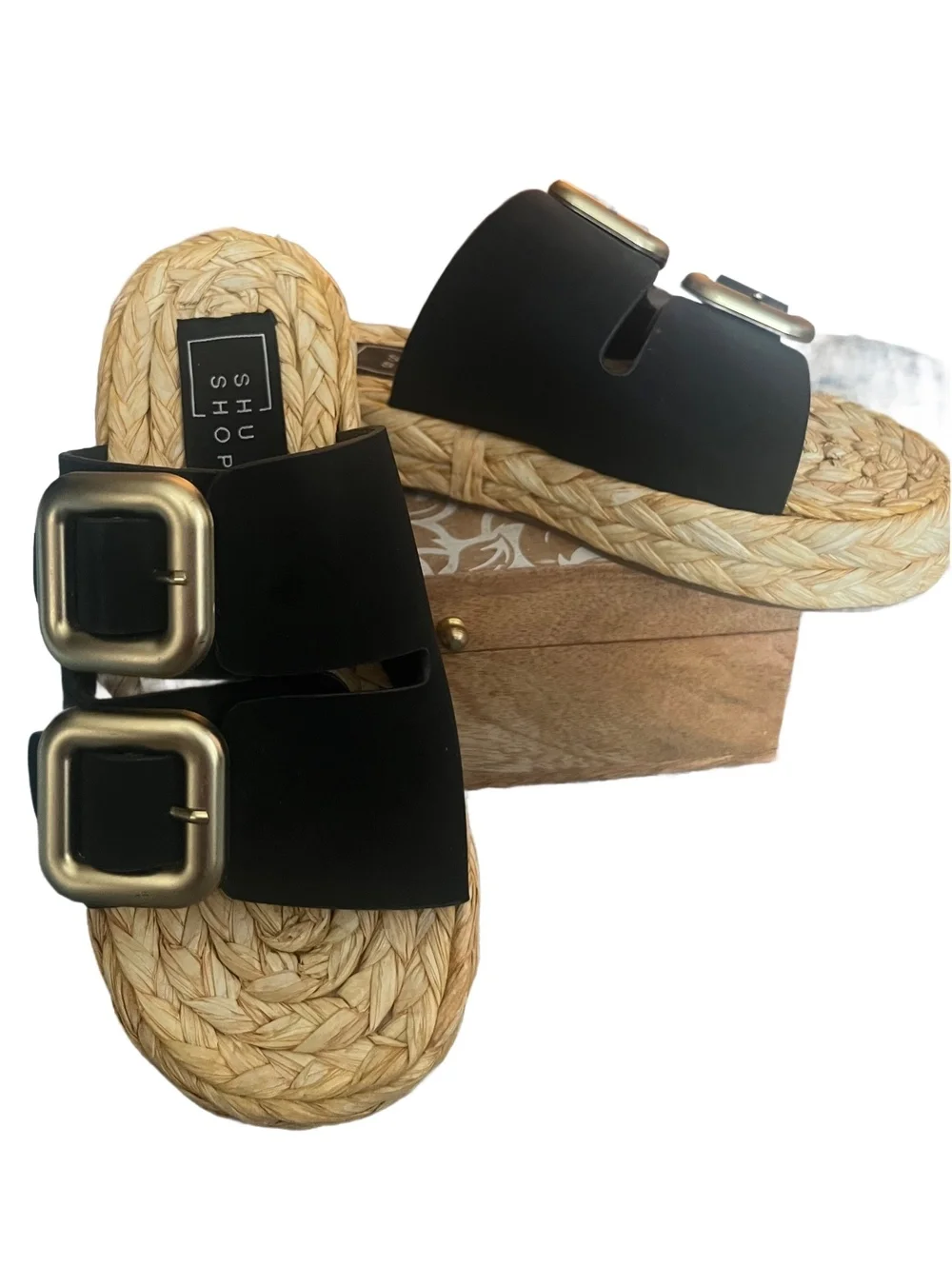 ShuShop Womens Billie Jute Black Slide Sandals New Size 6.5